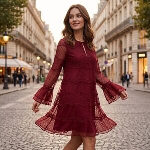 Sachin & Babi Burgundy‎ Lace Swiss Dot Flounce Shift Dress Bell Sleeves Size 6